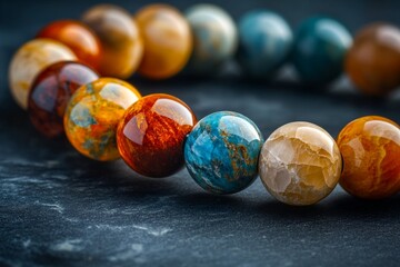 This stunning bracelet features beads in earthy tones of orange and blue, with a focus on the striking color contrasts and natural marbled textures.