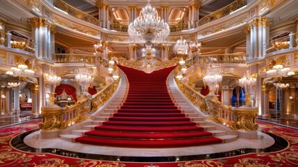A grand interior view showcases an opulent staircase adorned with luxurious red carpeting, majestic chandeliers, and intricate golden details