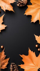 Autumn leaves and pine cones arranged on a dark background, creating a seasonal feel.