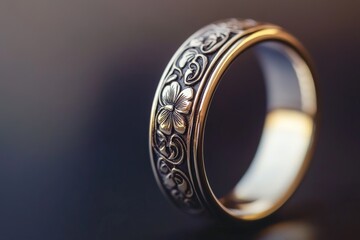 An elegant silver ring with detailed floral motifs etched along its band, presenting a delicate and sophisticated piece of jewelry art with a reflective surface.