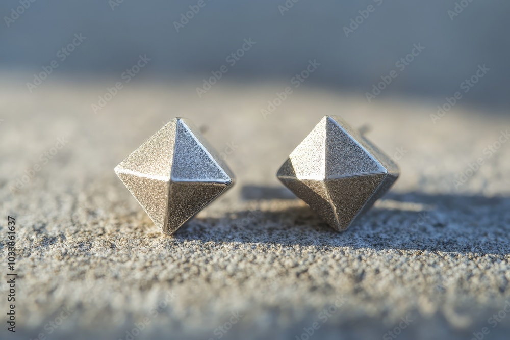 Poster these matte silver geometric earrings are artistically placed in natural sunlight, emphasizing their