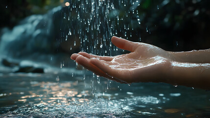 Fototapeta premium Close-up of a person's hand catching clear water droplets from a natural river. Water saving concept