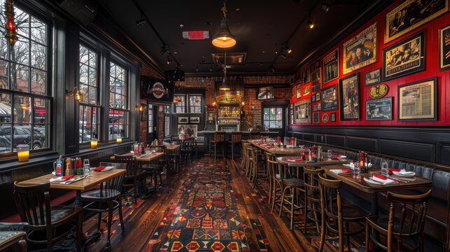 A cozy, warmly lit interior of a vintage-themed restaurant with wooden tables, eclectic decor, and framed memorabilia adorning the deep red walls