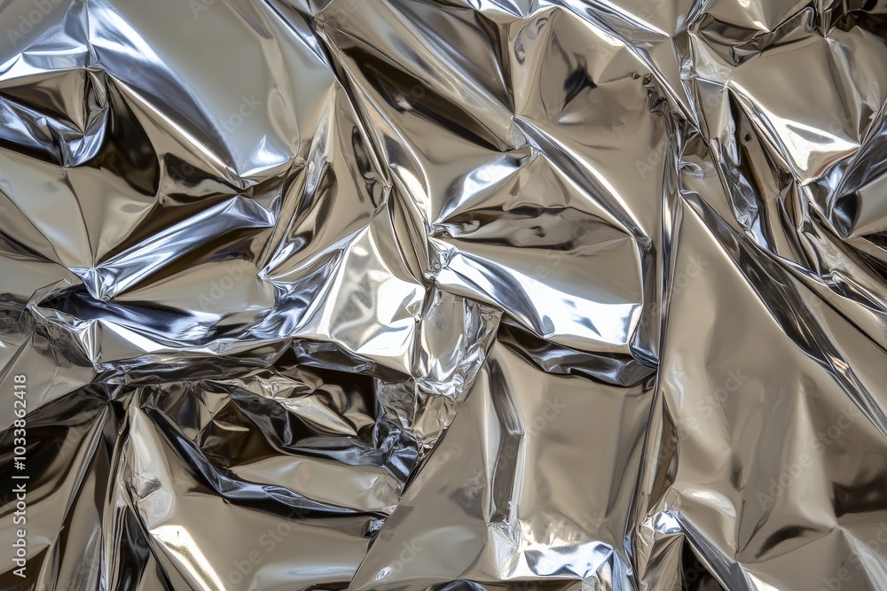 Poster close-up of shiny metallic foil with an intricate surface reflecting highlights and shadows, capturi