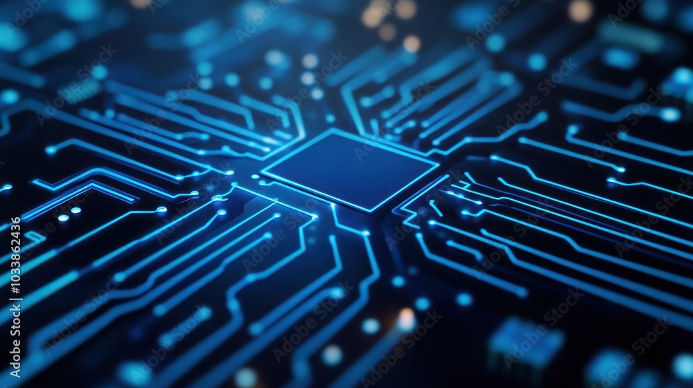 Aufkleber close-up view of a modern microchip with intricate circuitry on a blue background, showcasing techno