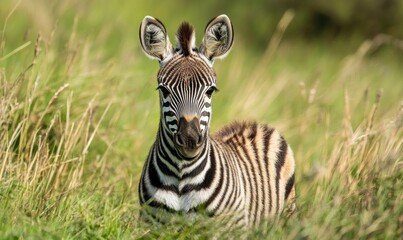Naklejka premium Cute Zebra Resting in Lush Greenery
