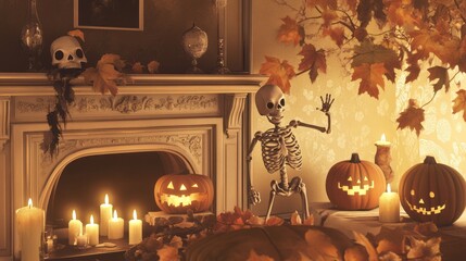 Obraz premium A cozy living room filled with vintage Halloween decorations--carved pumpkins, paper skeletons, flickering candles, and autumn leaves on a fireplace mantel