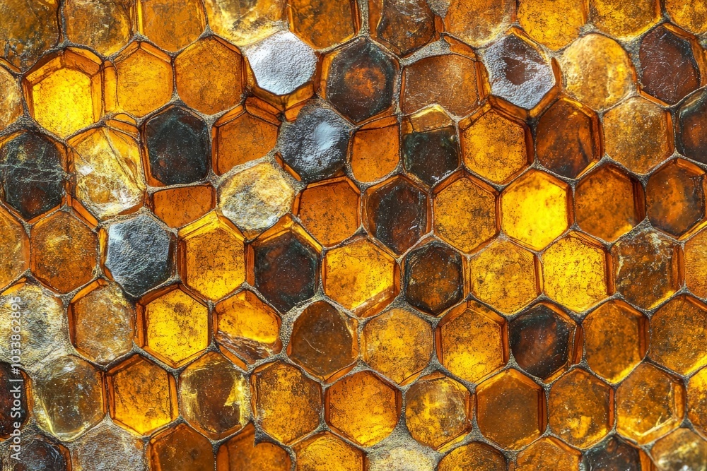 Poster This image shows a close-up view of a honeycomb structure with rich amber and brown tones, highlighting its intricate geometric pattern and natural texture.