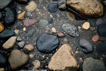 This image highlights smooth, wet pebbles situated by a calm water flow, portraying the soothing interaction between stone textures and aquatic elements in nature.
