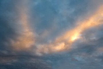 Russia. The South of Western Siberia. Panorama of the evening summer sky with multicolored clouds...