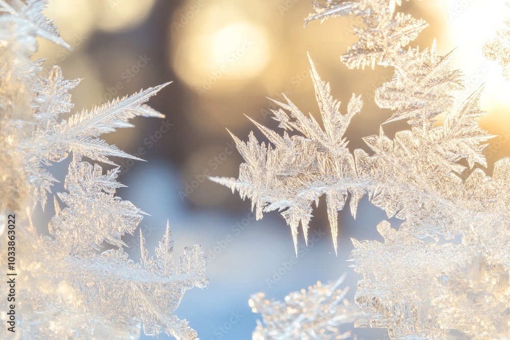 Aufkleber this image showcases beautifully intricate frost patterns on a window, illuminated by a warm golden 