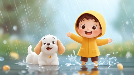 A joyful child wearing a yellow raincoat plays with a happy, fluffy white dog in the rain, splashing puddles as they enjoy a delightful moment outside together.
