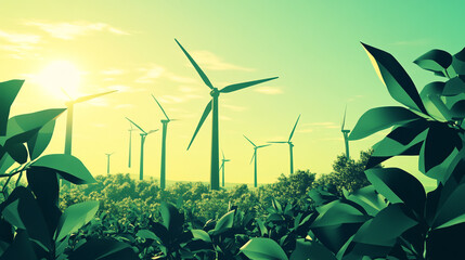 Wind turbines generate clean energy against a vibrant sunset in a green landscape