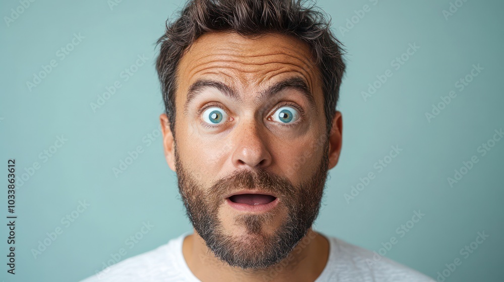 Poster a man with a beard and a surprised expression on his face