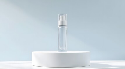 A clear spray bottle on a minimalist pedestal against a soft blue background.
