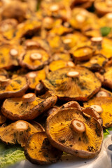 Fresh mushrooms scattered on the counter