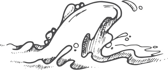 Storm waves drawing. Water flowing. Sea sketch