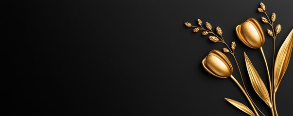 Elegant golden tulips with leaves on a black background, perfect for designs and decorations.