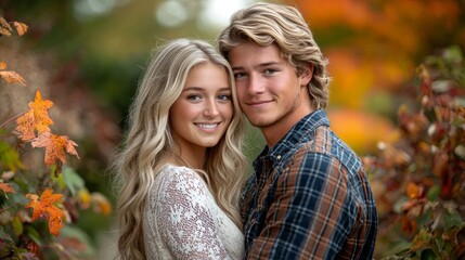 Naklejka premium Portrait Of Happy Loving Couple Hug In Autumn Park Together