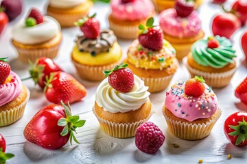 Tilt-Shift Photography of Colorful Cupcakes, Donuts, and Fresh Strawberries on a Crisp White Background for Sweet Treats and Dessert Lovers