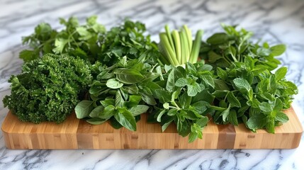Fototapeta premium An assortment of various fresh organic herbs such as parsley basil mint oregano and thyme displayed on a wooden cutting board This image showcases the vibrant colors textures