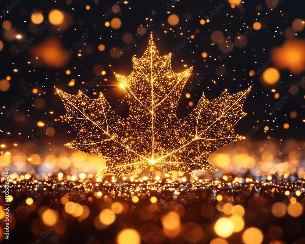 Poster glittering golden maple leaf on a dark background with bokeh lights creating a magical ambiance.