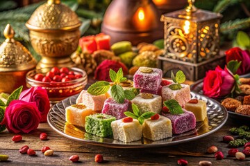 Traditional Turkish Rose Delight and Arabic Sweets for Ramadan Celebration - Exquisite Desserts, Colorful Treats, and Festive Atmosphere of Middle Eastern Cuisine