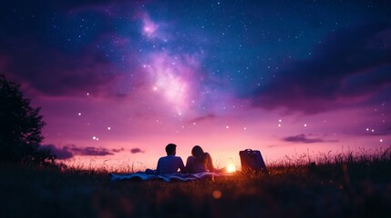 Fototapeta premium A romantic evening under the stars with a couple enjoying a sunset on a grassy field