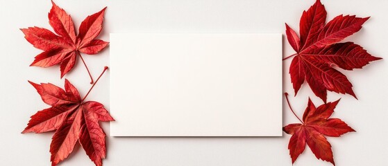 Obraz premium Red autumn leaves framing a blank note on a white background, perfect for seasonal designs or messages.