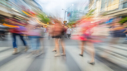 Obraz premium Motion blur of tourists crossing a busy intersection in a city, creating a dynamic and abstract urban atmosphere. --chaos