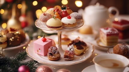 Christmas-themed afternoon tea with delicate pastries elegant