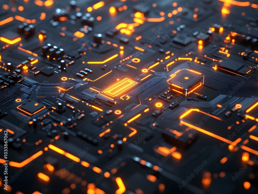 Poster a close-up view of a futuristic circuit board with glowing orange elements.