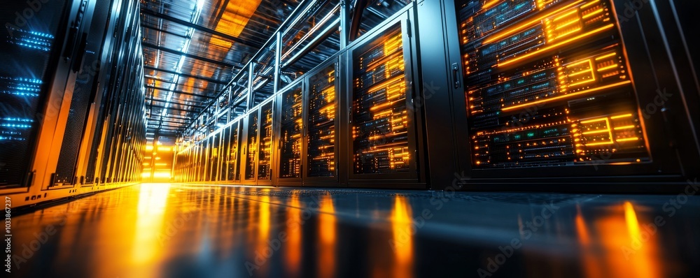 Aufkleber a brightly lit data center aisle showcasing rows of servers with glowing lights, creating a high-tec