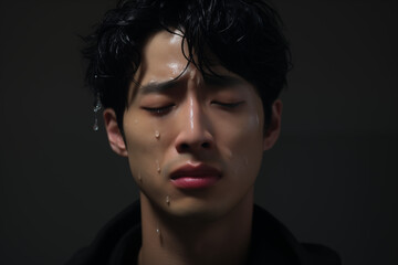 A Korean man in a dark coat, tears streaming down his face as he stands in a downpour, city lights blurred in the background, capturing a moment of deep sorrow