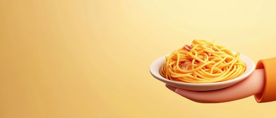 A delicious plate of spaghetti served on a hand, showcasing a tantalizing meal against a warm background.