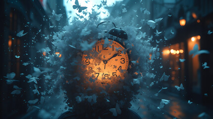 Alarm Clock Head Exploding into White Butterflies Symbolizing Time Dispersion