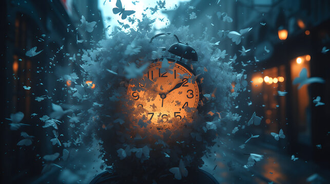 Alarm Clock Head Exploding into White Butterflies Symbolizing Time Dispersion