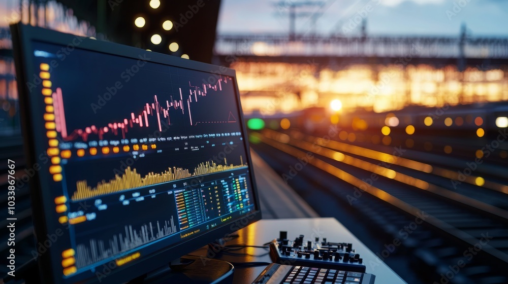 Aufkleber a computer screen displays data and graphs at a train station during sunset, highlighting a blend of