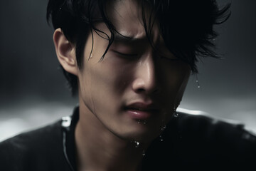 A Korean man in a dark coat, tears streaming down his face as he stands in a downpour, city lights blurred in the background, capturing a moment of deep sorrow