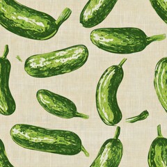 Vintage cucumber pattern on vintage beige fabric background, seamless repeating pattern, textile print style, minimal, cucumber design, seamless cucumber pattern, home decor, textiles