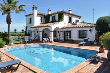 Fototapeta premium Charming Spanish villa with white exteriors, surrounded by lush greenery, features a refreshing blue pool and terracotta tiles under a clear sky