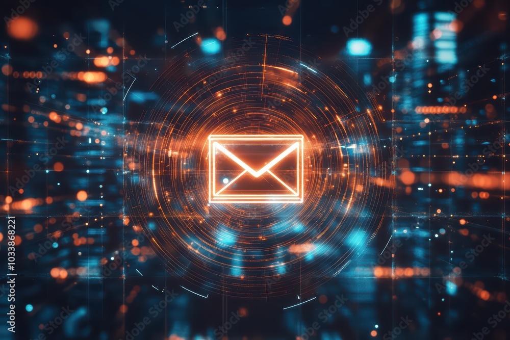 Poster a futuristic digital representation of an email icon surrounded by glowing data particles, symbolizi