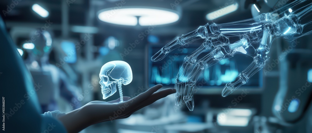 Poster a futuristic scene showcasing a robotic hand presenting a holographic skull in a high-tech laborator