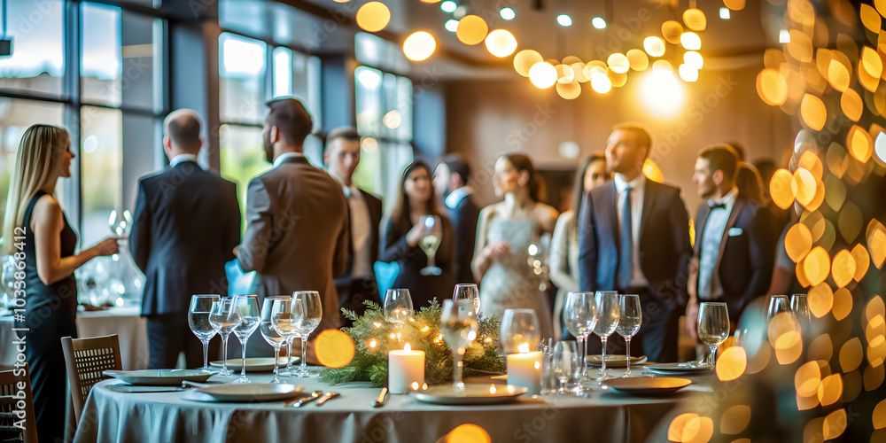 Poster bokeh corporate gala concept: captivating grand event with elegant decorations & soft bokeh lighting