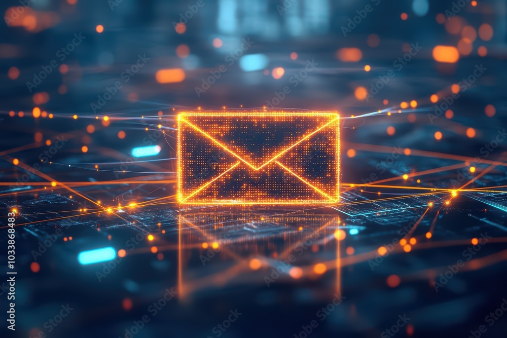 Poster a glowing digital email icon representing communication in a modern tech environment. perfect for te