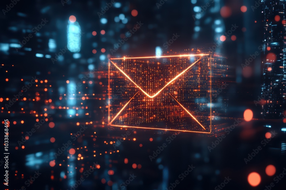 Aufkleber a glowing digital envelope icon representing communication and messaging in a futuristic background.