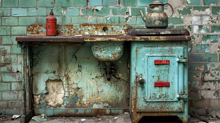 Rustic vintage kitchen scene showcasing aged stove and weathered sink against a backdrop of distressed teal tiles for a nostalgic atmosphere