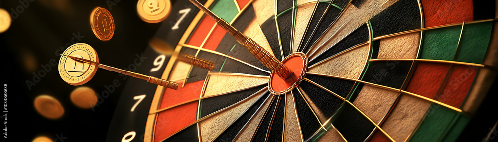 Poster vector illustration of a dartboard with golden coins as dart points in score sections - realistic te