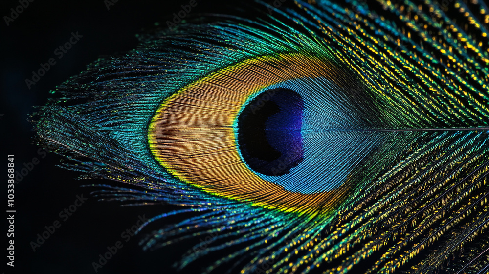 Poster the intricate details of a peacock feather highlighting vibrant colors and patterns