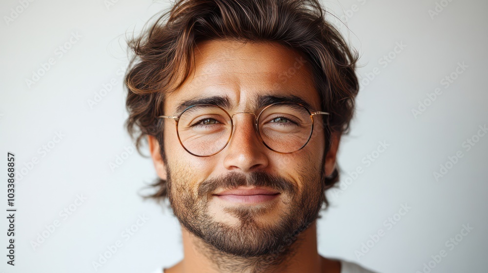 Poster a man with glasses and a beard is smiling